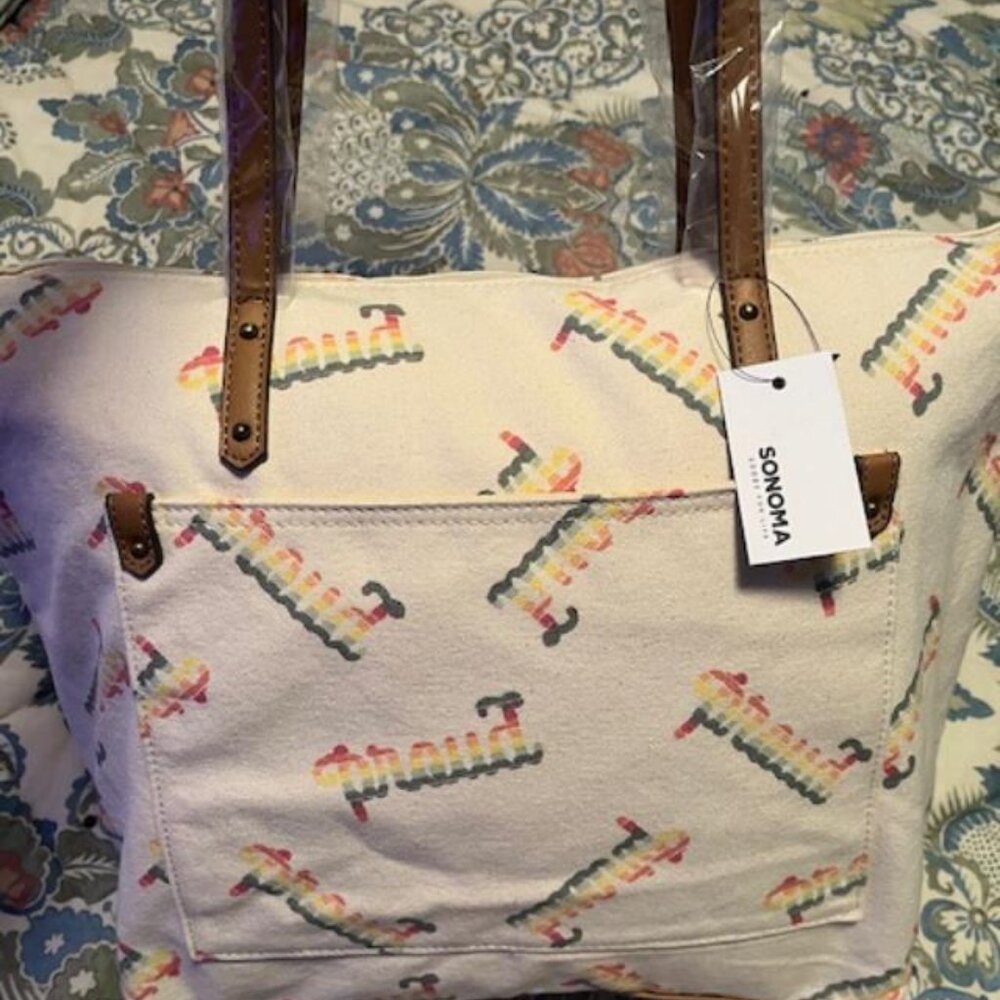 Sonoma Cream Canvas Tote with Multicolor Rainbow Print and Brown Handles